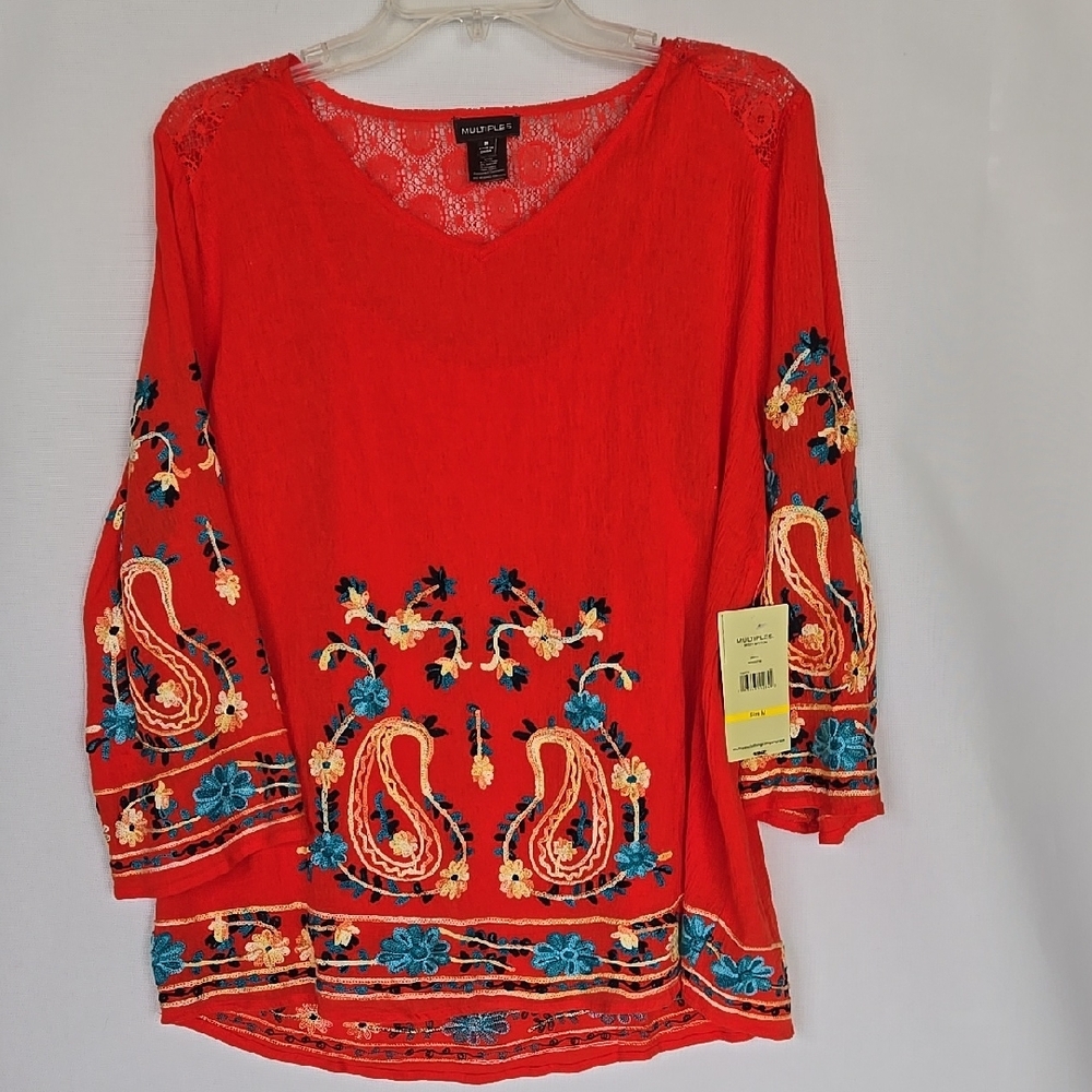 Multiples Red Embellished Blouse with Three-Quarter Sleeves